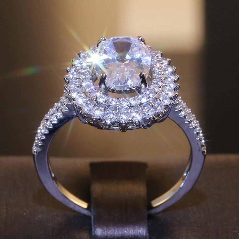NEW Silver Oval Diamond Double Halo Ring 5 - Picture 2 of 7